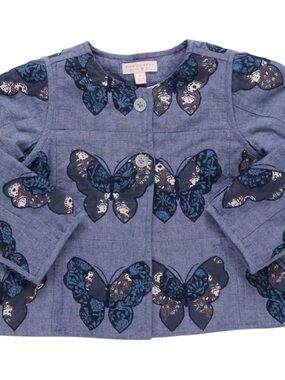 Pink Chicken Blue Chambray Butterfly Reversible Quilted Jacket Sz 6
